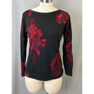 Talbots Petite‎ Black Red Floral Merino Wool Sweater Romantic Classic MP
